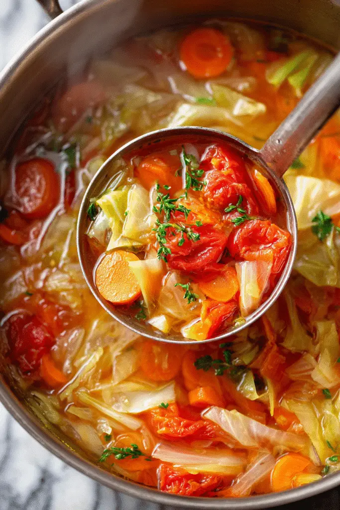 Ladle of cabbage soup with vegetables