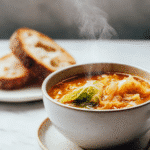 Cabbage soup in a bowl with herbs