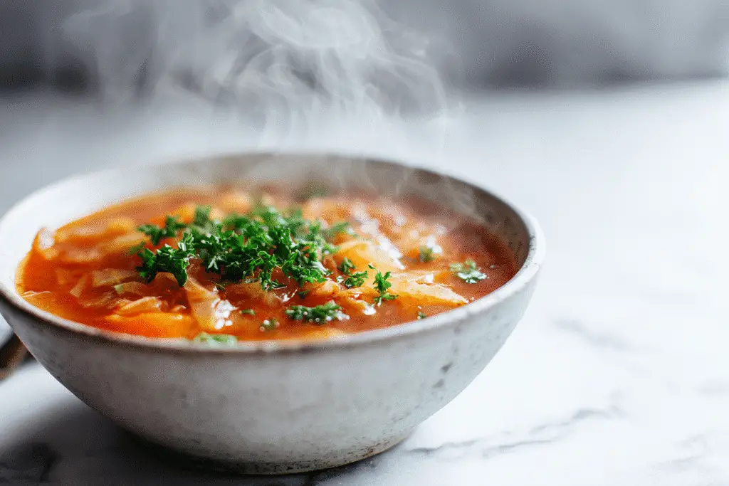 Bowl of cabbage soup with bread