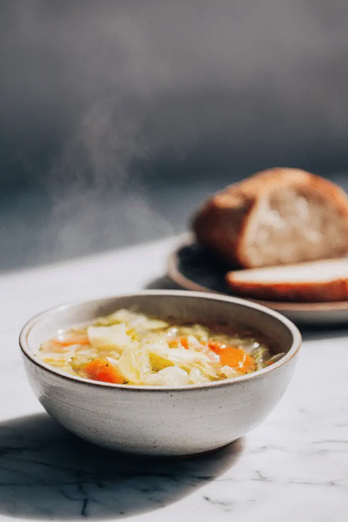 Two bowls of cabbage soup on marble
