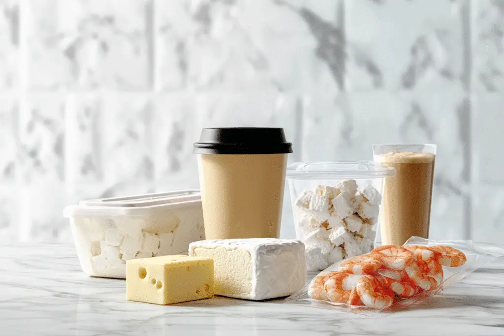Featured image showing recalled coffee, cheese, ice cream, and shrimp products