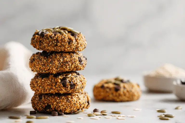 Seedy quinoa breakfast cookies stacked on marble counter