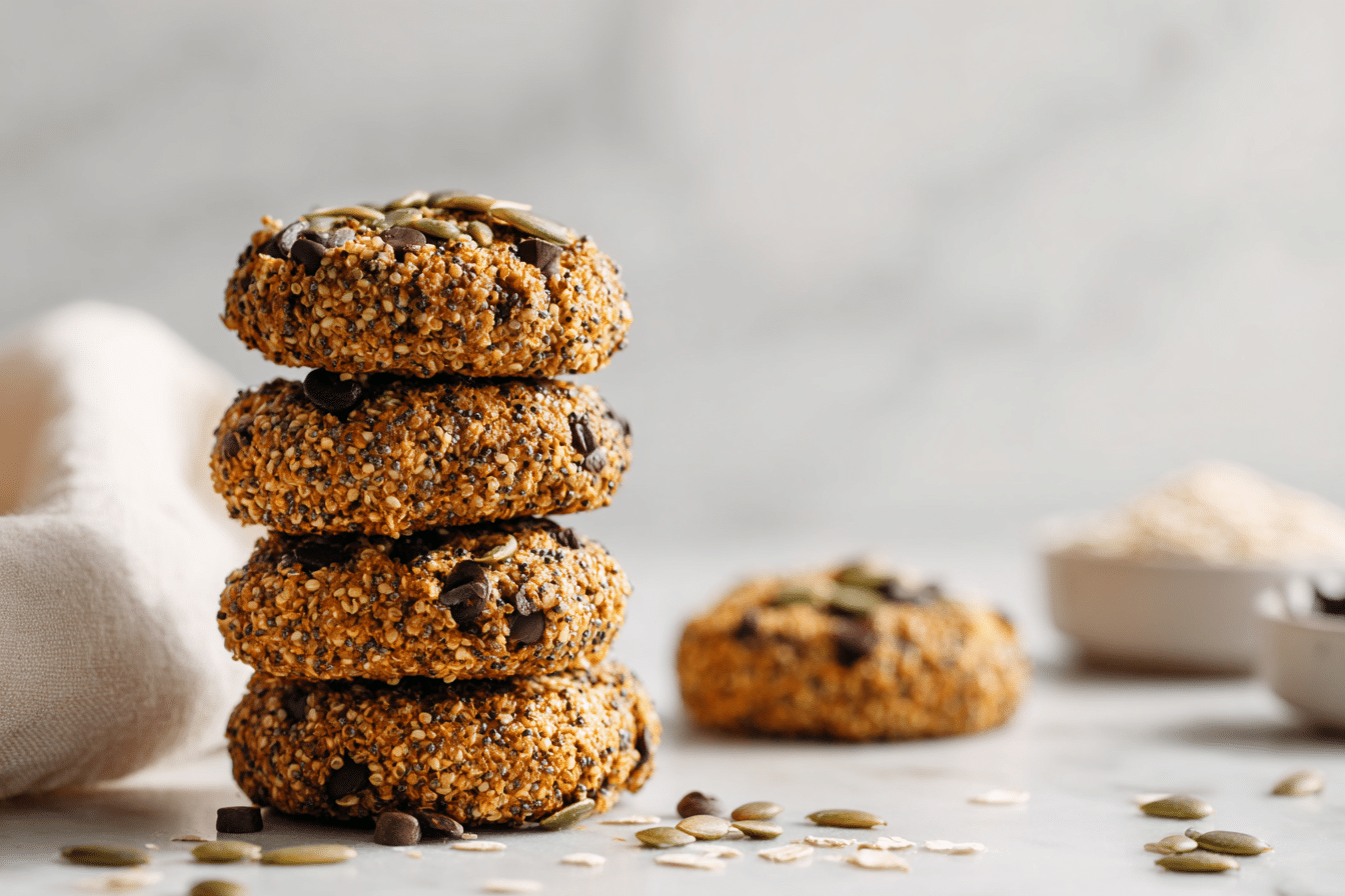 Seedy quinoa breakfast cookies stacked on marble counter