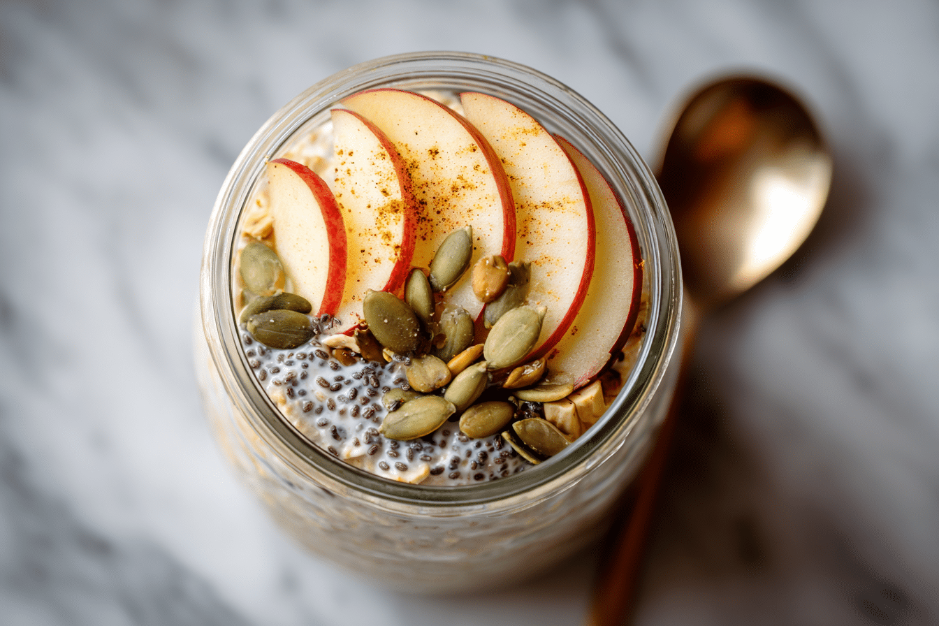 Meal prep jars of apple cinnamon overnight oats on marble