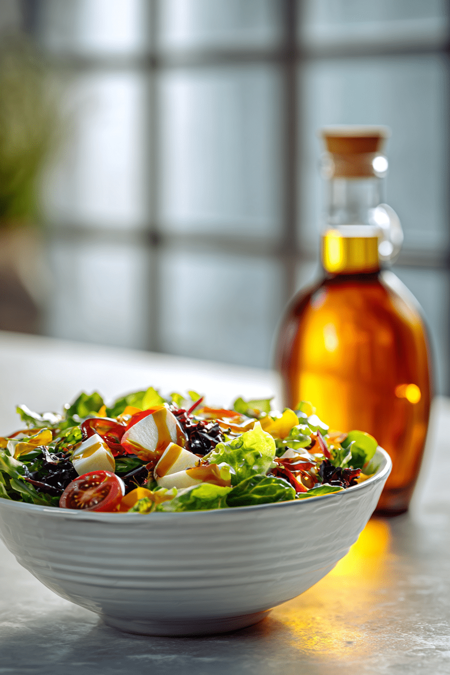Fresh vegetable salad drizzled with dressing made from apple cider vinegar, showcasing the health benefits of apple cider vinegar in a nutritious meal.