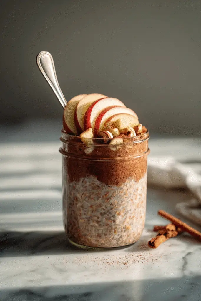 Square shot of apple cinnamon overnight oats with cinnamon sticks and apples