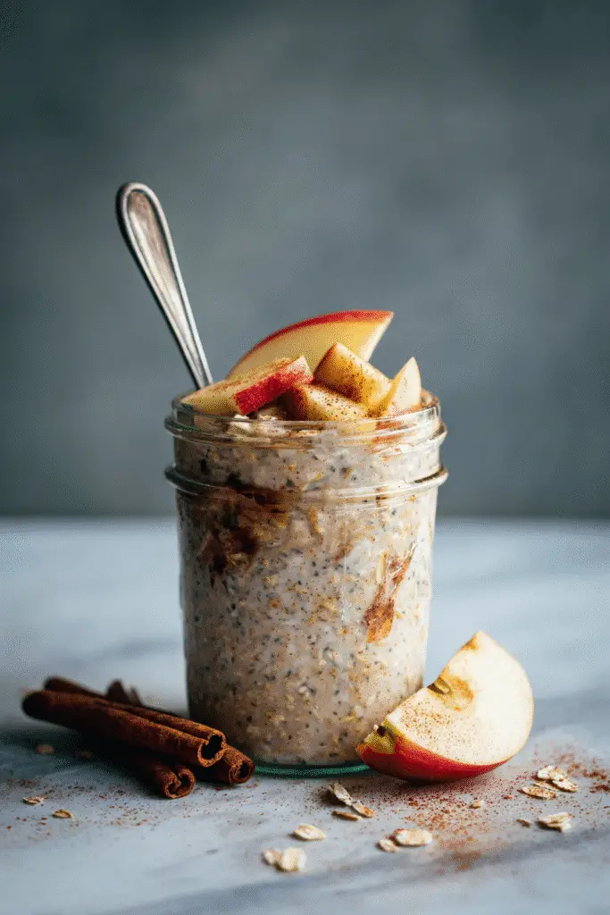 Spoonful of apple cinnamon overnight oats with apples and chia seeds