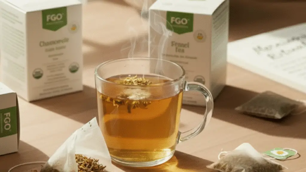 Steaming glass mug of FGO chamomile tea with organic tea boxes and loose tea leaves on wooden table