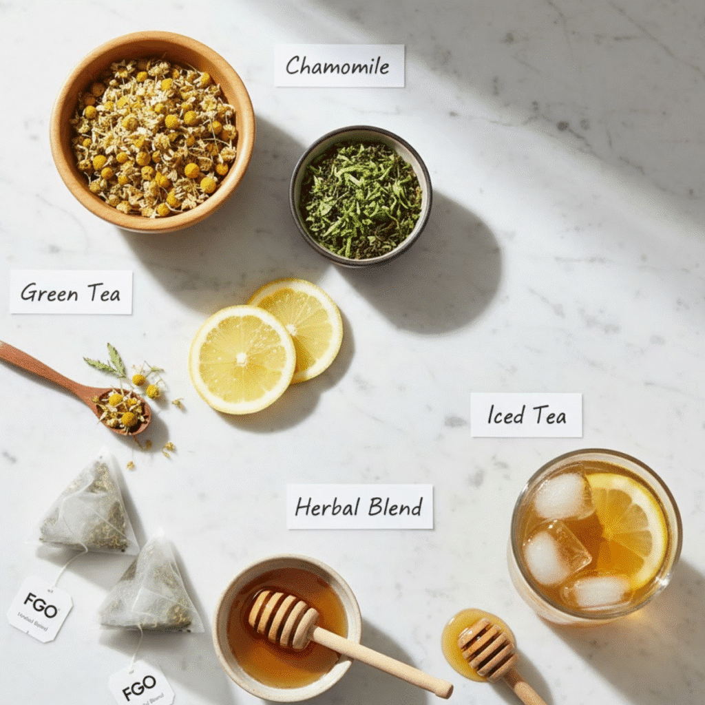 Flat lay of FGO Tea ingredients including chamomile flowers, green tea leaves, lemon slices, honey, and tea bags on marble surface