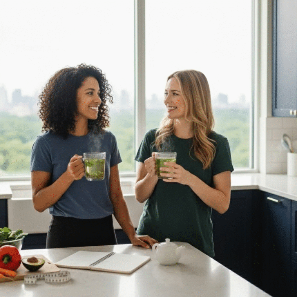 Two women enjoying mugs of steaming FGO Tea in a bright modern kitchen with vegetables and notebook on counter