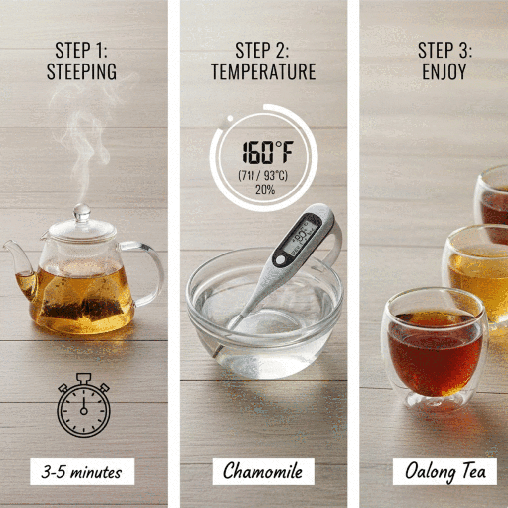 Step-by-step guide showing how to brew FGO Tea with teapot, thermometer, and cups of chamomile and oolong tea