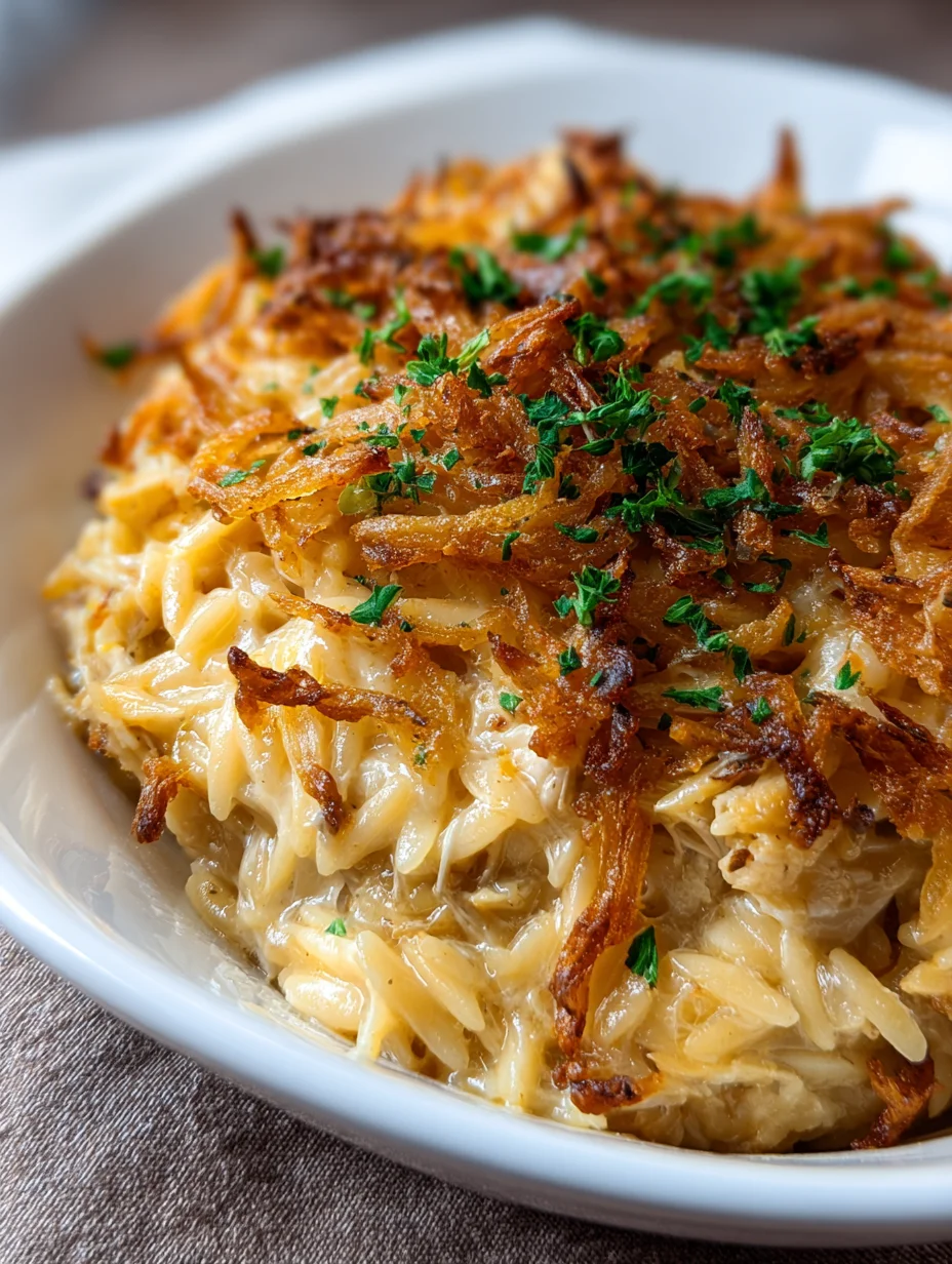 French Onion Chicken Orzo Casserole