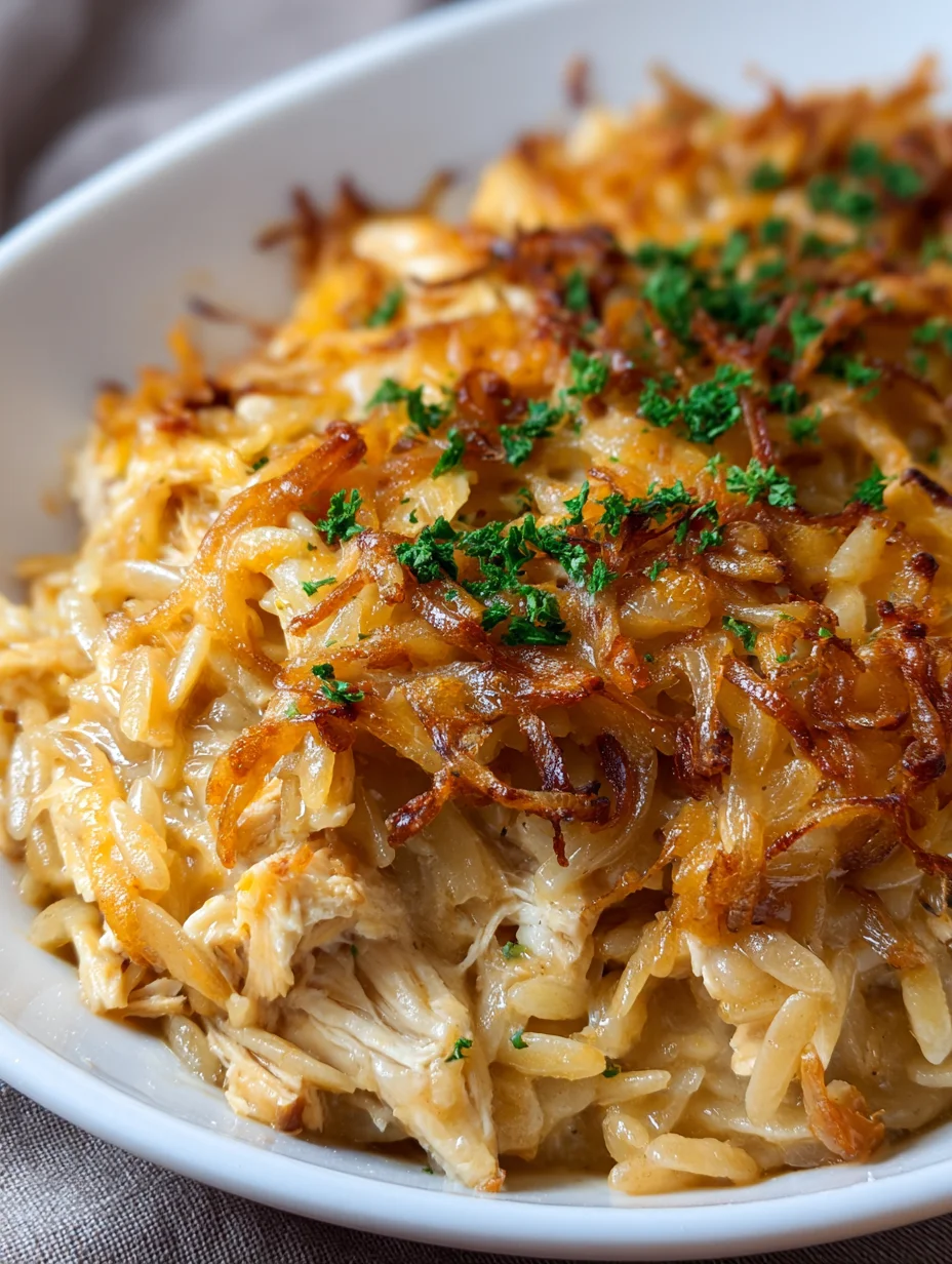 French Onion Chicken Orzo Casserole