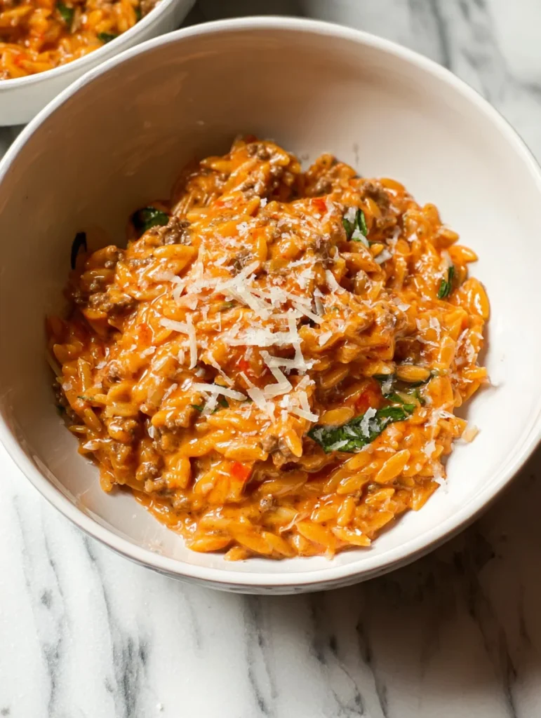 Ground Beef Orzo with Tomato Cream Sauce
