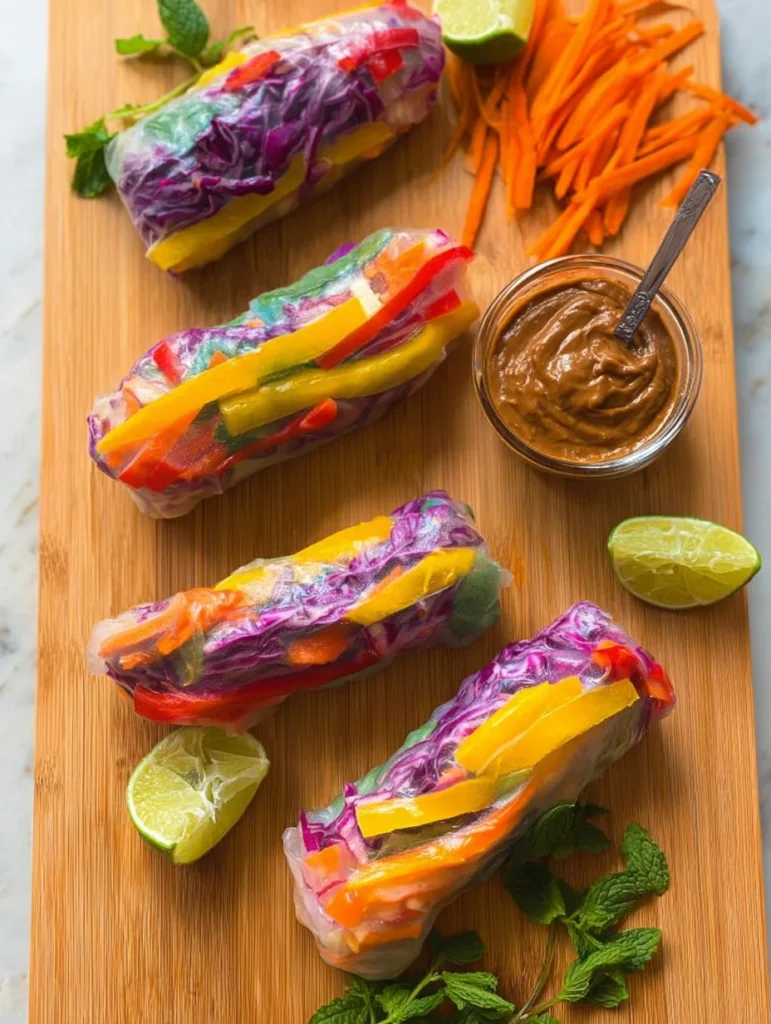 Rainbow Spring Rolls with Ginger Peanut Sauce
