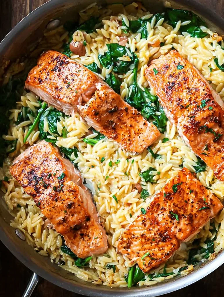 One Skillet Salmon with Lemon Orzo