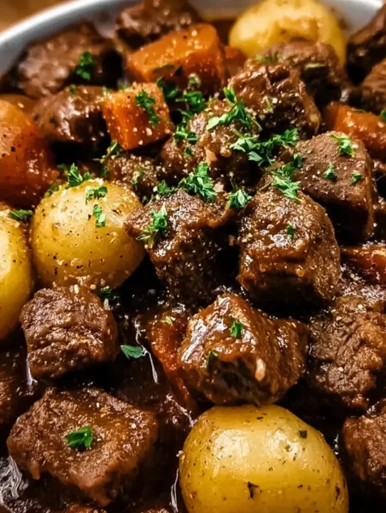 Slow Cooker Garlic Butter Beef Bites & Potatoes